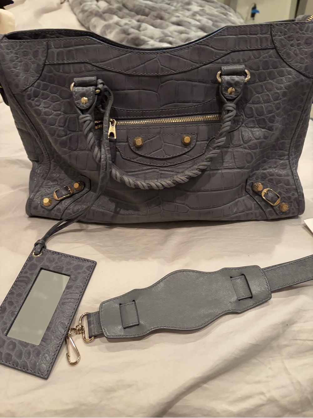 Balenciaga Gray Croc-Embossed Shoulder Tote with Mirror Tag